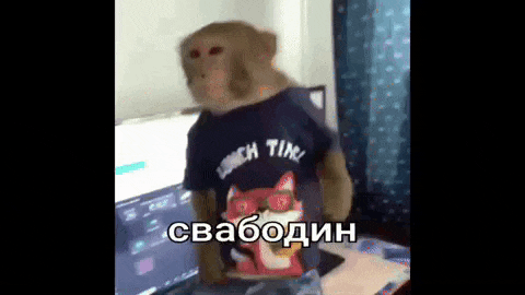 a monkey wearing a lunch time shirt is standing in front of a computer .
