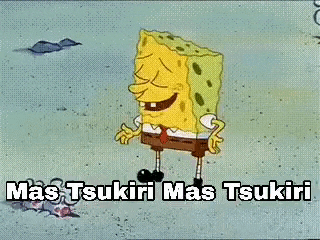 a cartoon of spongebob squarepants laughing in the sand with the words `` mas tsukiri mas tsukiri '' .