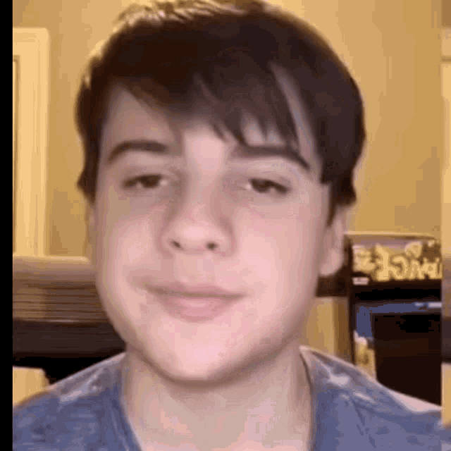 a close up of a young boy 's face with a blurred background .