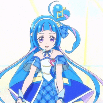 a girl with blue hair is wearing a blue and white dress