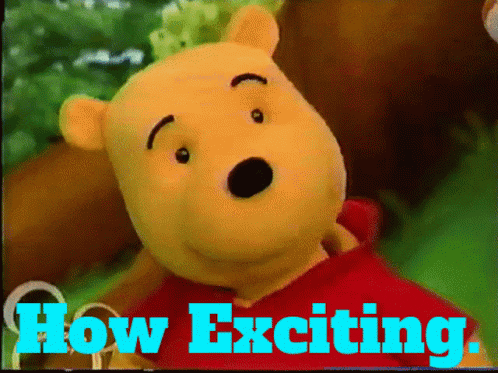 a winnie the pooh stuffed animal with the words how exciting behind him