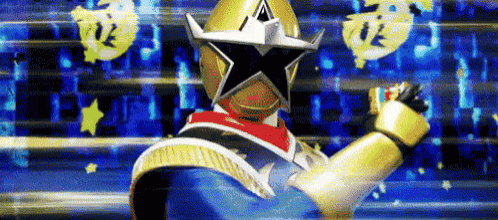 a cartoon character is wearing a gold helmet with a star on it and a red scarf around his neck .