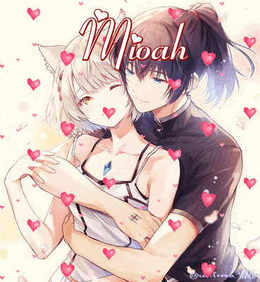 a boy and a girl are hugging and the girl has the name mioah on her head