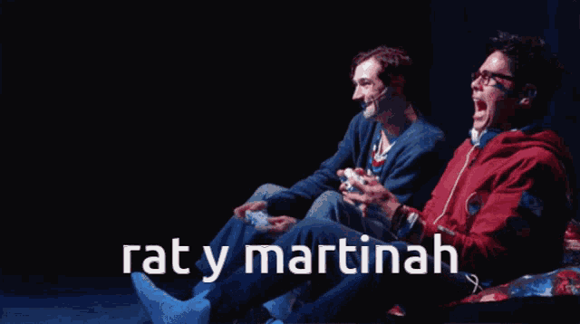 two men sitting on a bed with the words " rat y martinah " written on the bottom