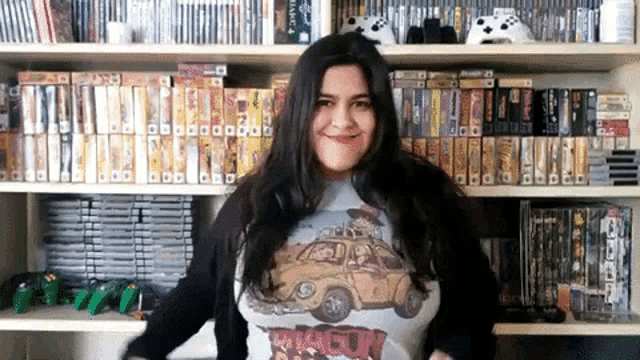 a woman wearing a t-shirt that says dragon ball