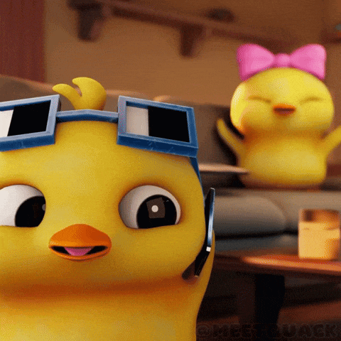 a cartoon duck wearing sunglasses and a pink bow looks at the camera