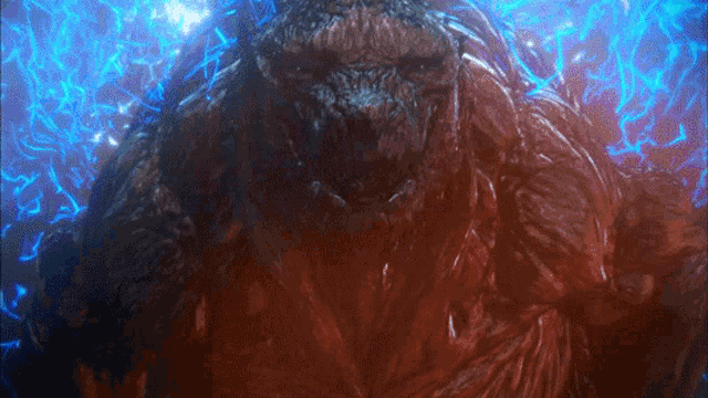 a close up of a monster 's face with blue lights behind it