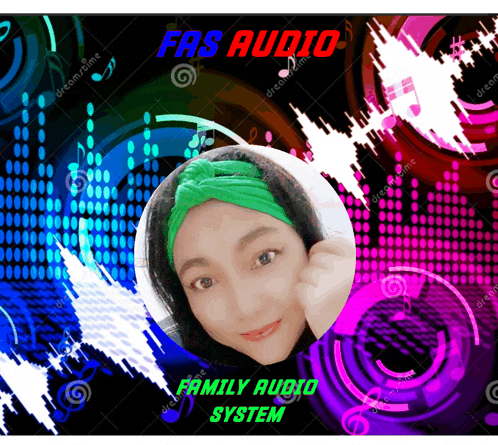 a woman with a green headband is on a colorful background with the words fas audio family audio system