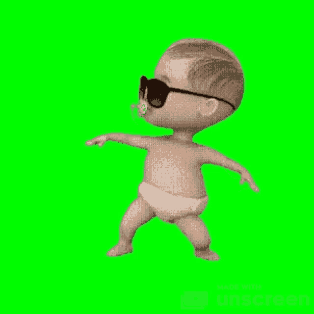a baby is wearing sunglasses and a diaper on a green screen .