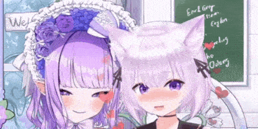 two anime girls are standing next to each other in front of a chalkboard that says earl grey tea from ceylon