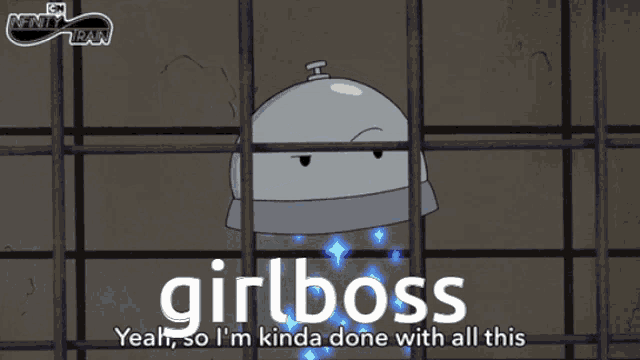 a cartoon of a bell behind bars with the words girl boss yeah so i 'm kinda done with all this