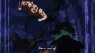 a young boy with green hair is running in the dark with a lightning bolt coming out of his chest .