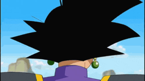 a cartoon character with a black hair and green earrings is standing in front of a blue sky .