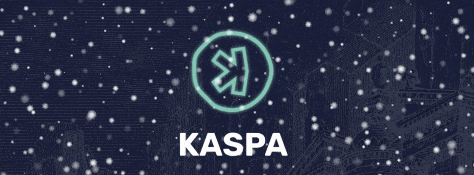 a kaspa logo is surrounded by snowflakes on a dark background