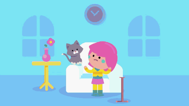 a girl with pink hair standing next to a cat
