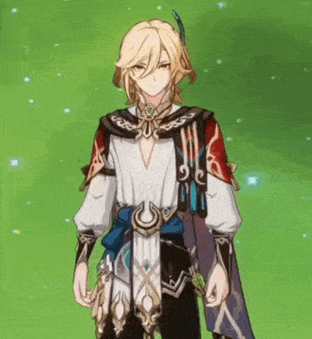 a man with blonde hair is standing in front of a green background holding a sword .