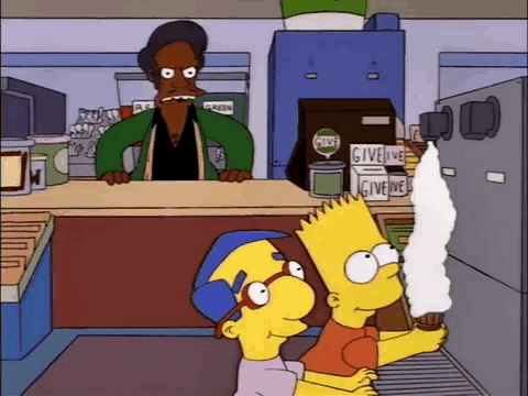 bart simpson and milhouse from the simpsons are standing in front of a give me sign