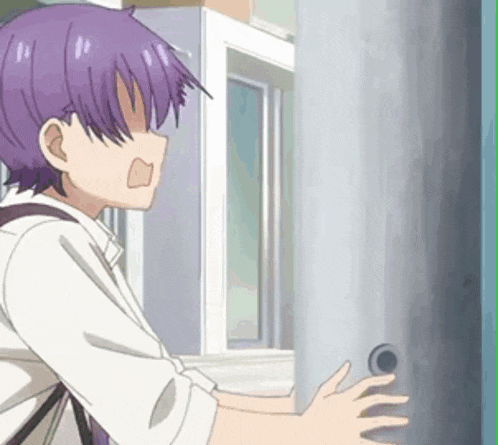 a boy with purple hair is standing in front of a door and trying to open it .