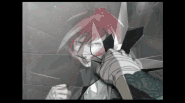 a drawing of a person behind a broken glass