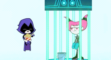 a cartoon of raven and jinx standing next to each other in a cage with a bucket .
