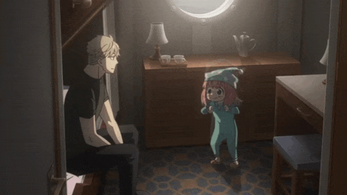 a man and a child are standing in a room
