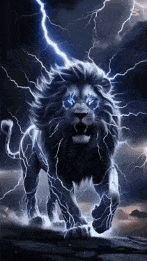 a lion with blue eyes is surrounded by lightning and is walking on a rock .