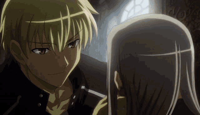 a man and a woman are looking at each other in an anime scene