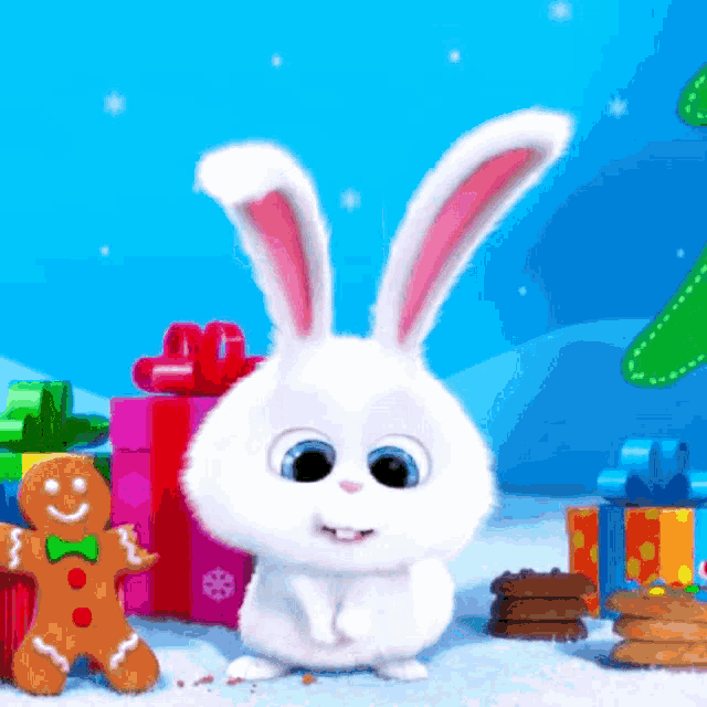 a snowball from the secret life of pets is standing next to a gingerbread man and gifts