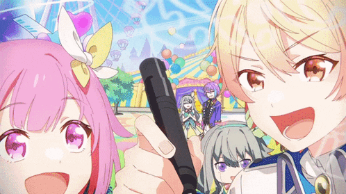 a girl with pink hair is holding a microphone in front of a group of anime girls