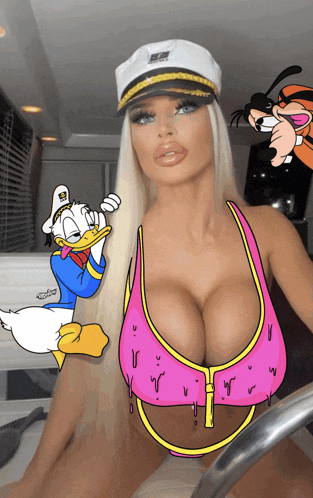 a cartoon drawing of a woman with donald duck behind her