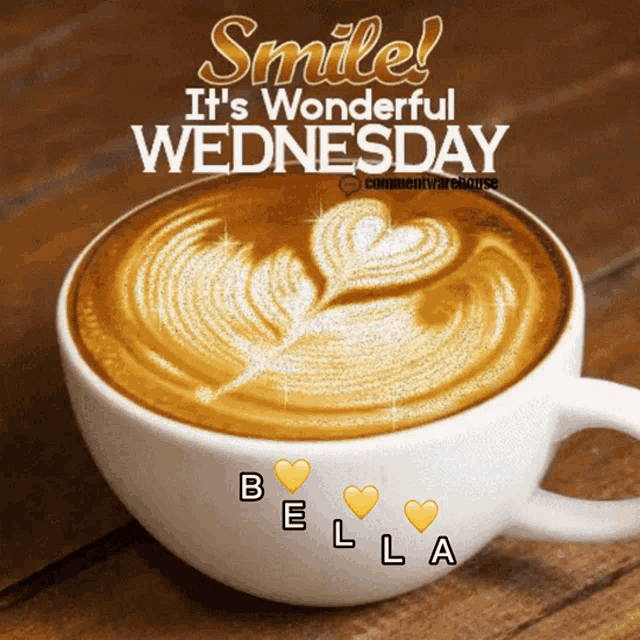 a cup of cappuccino with the words smile it 's wonderful wednesday