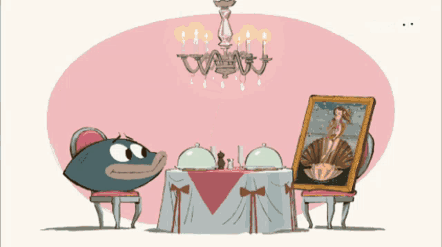 a cartoon drawing of two people sitting at a table with a painting on it