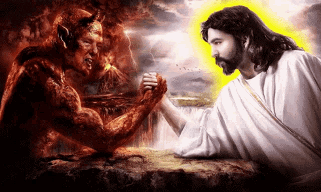jesus and the devil are arm wrestling in a painting