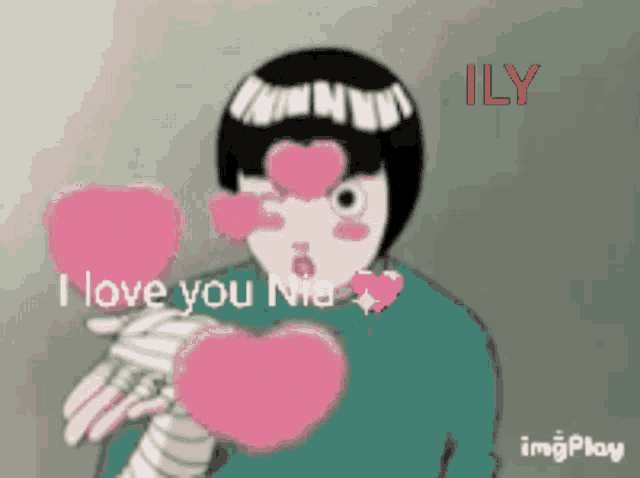 a cartoon character is holding two pink hearts and says " i love you nia " in red letters