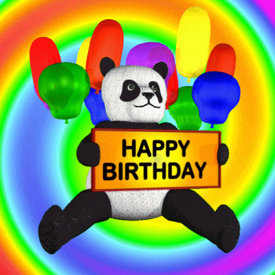 a panda bear holding a sign that says happy birthday