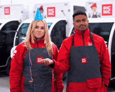 a woman wearing a party hat is standing next to a man wearing an apron with pic nic on it