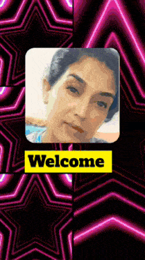 a welcome sign with a picture of a woman in the center