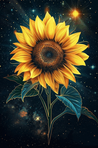 a sunflower against a starry sky with a bright star in the middle