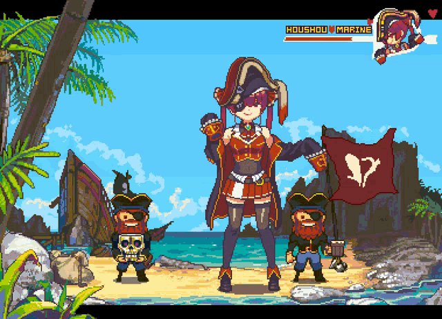 a pixel art drawing of a pirate holding a flag with the name houshou marine on it