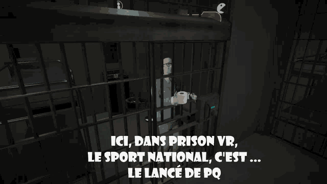 a man in a jail cell with the words ici dans prison vr le sport national c est le lance de pq