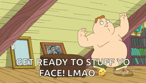 a cartoon of a man flexing his muscles with the caption get ready to stuff yo face lmao
