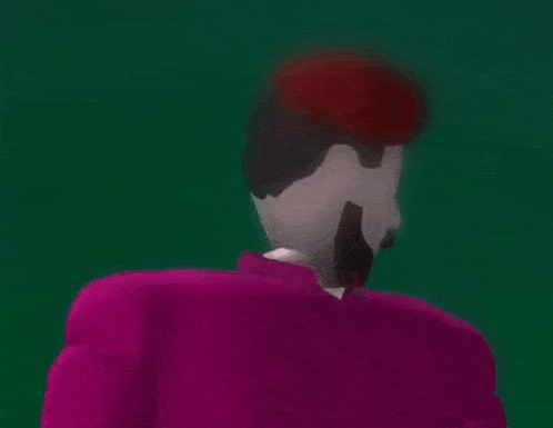 a cartoon character with a beard and mustache is wearing a pink shirt and looking at the camera .