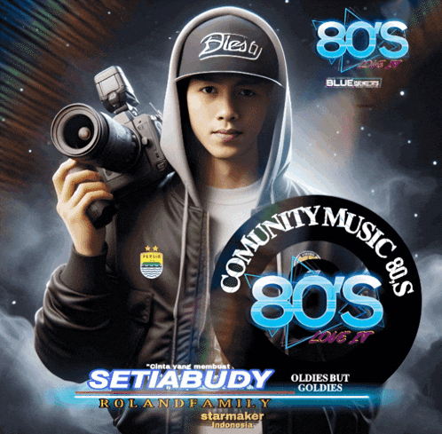 a man in a hoodie holds a camera in front of a sign that says community music 80s