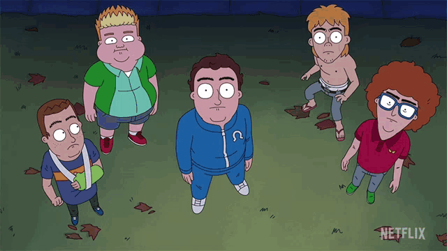 a group of cartoon characters standing next to each other with the word netflix on the bottom right