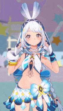 a girl with white hair and bunny ears is wearing a blue and white dress