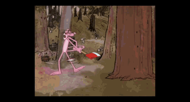 a pink panther is holding a red and white axe