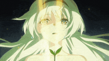 a girl with white hair and green eyes is holding a plant