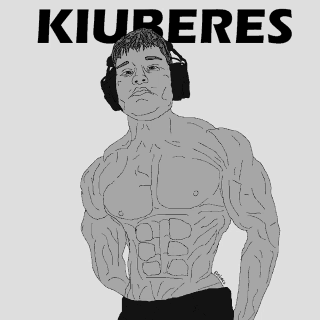 a drawing of a shirtless man wearing headphones with the word kiuberes on the bottom
