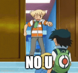 a boy with a backpack is standing in front of a door with the words no u on it