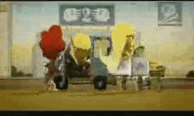 a group of cartoon characters are standing next to each other in front of a store .